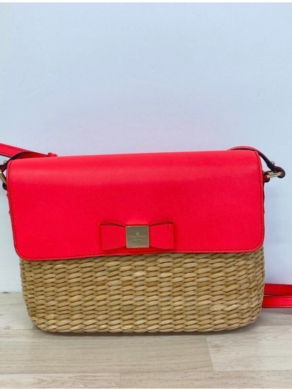 kate spade coral pink leather flap straw crossbody